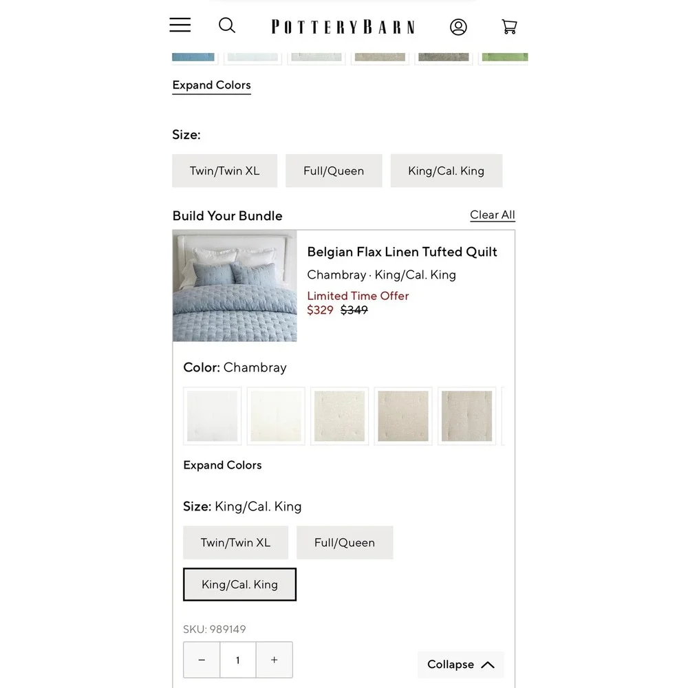 Pottery Barn King Belgian Linen Quilt Comforter 1 Standard Sham Light Blue